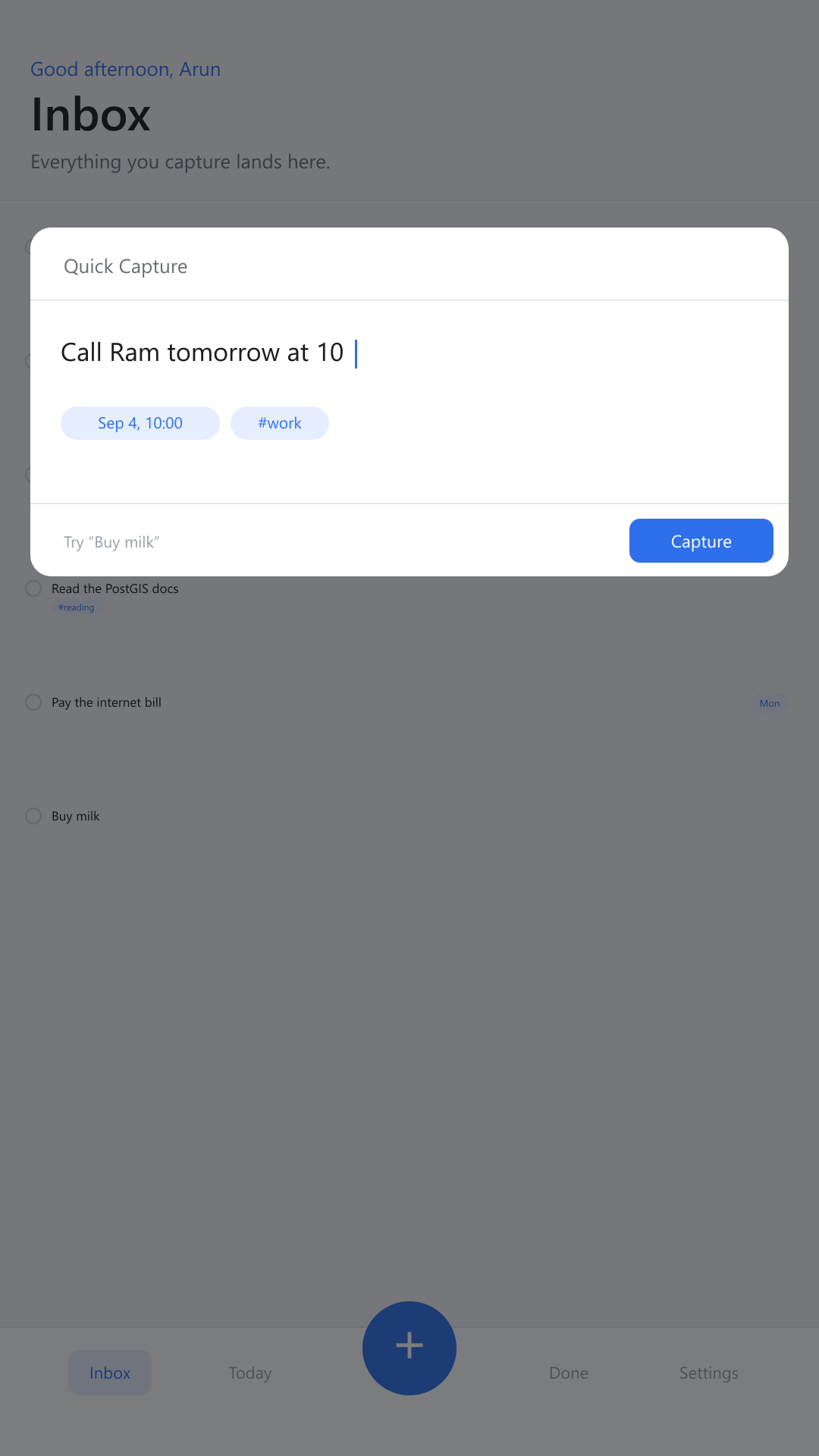 Quick Capture open over the Inbox, showing a parsed date and tag