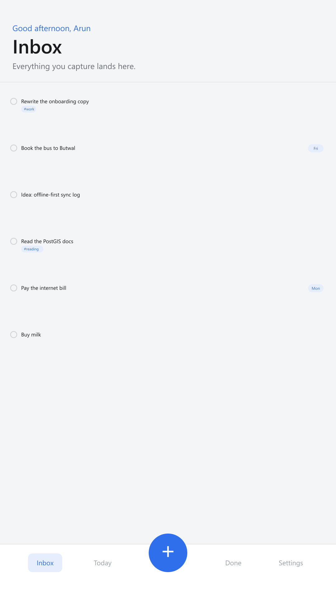 The DoTo Inbox on a phone, showing captured tasks and the bottom navigation