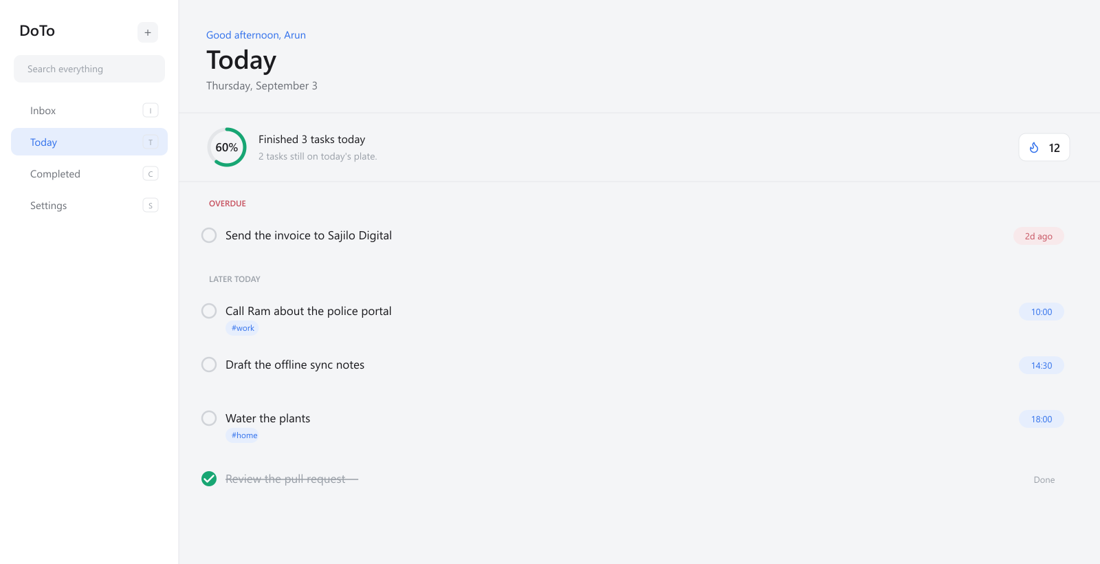DoTo Today view: the day's progress ring, a streak, an overdue task, and the tasks still due